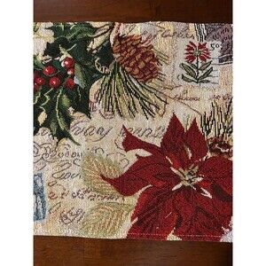 Christmas Poinsettia Tapestry Table Runner Holly Berry & Pinecone Decor